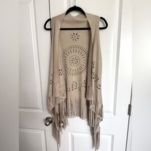 Beige Fringe Open Vest